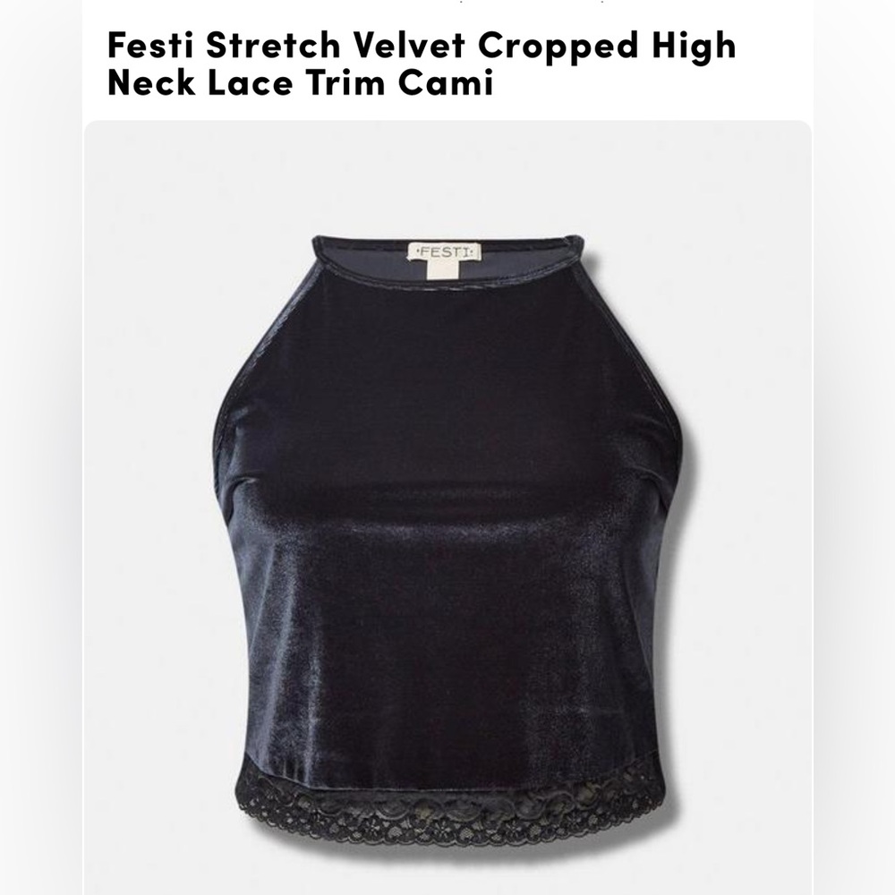 Torrid Stretch Velvet Cropped High Neck Lace Trim Cami, Size 1, New with Tags.